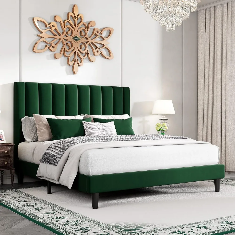 

Size Platform Bed Frame with Velvet Upholstered Plush Vertical Channel Headboard, No Box Spring Needed, Easy Assemb
