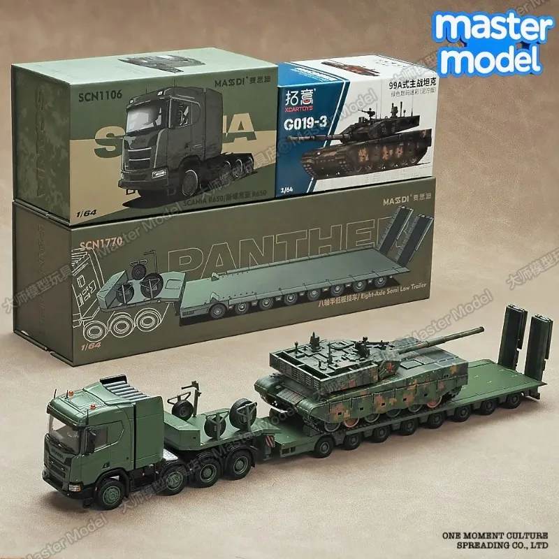 MASDI 1/64 Camión Scania con remolque transportador de tanques, modelo militar de fundición a presión, simulación de vehículo de aleación