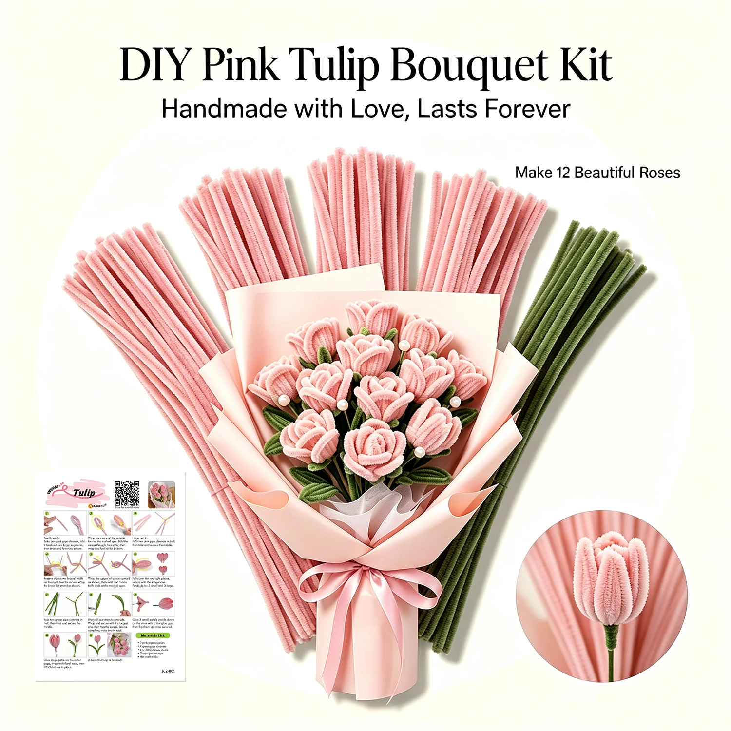 301/317pcs Pink Tulip Pipe Cleaner Flower Kit with Tutorial Video, Chenille Stems for DIY Crafts, For Home Decor