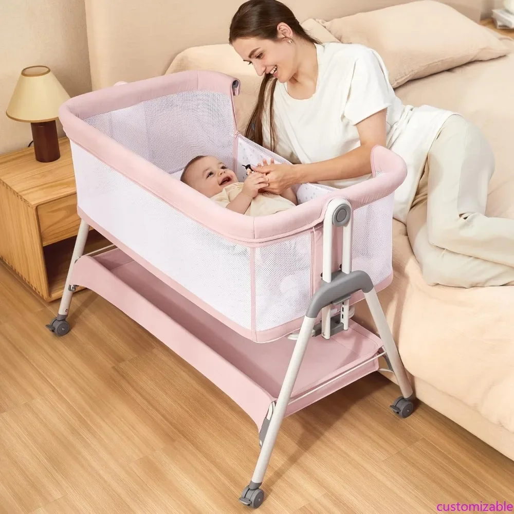 Baby Bassinet Bedside Sleeper, Easy Folding Portable Bassinet for Baby Girl with Wheels, Adjustable Height, Included Mattress (