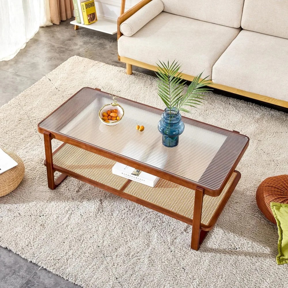 Rattan Couch tisch, rechteckiger Holz Couch tisch für Wohnzimmer, Glasplatte Couch tisch mit Imitation Rattan Lager regal