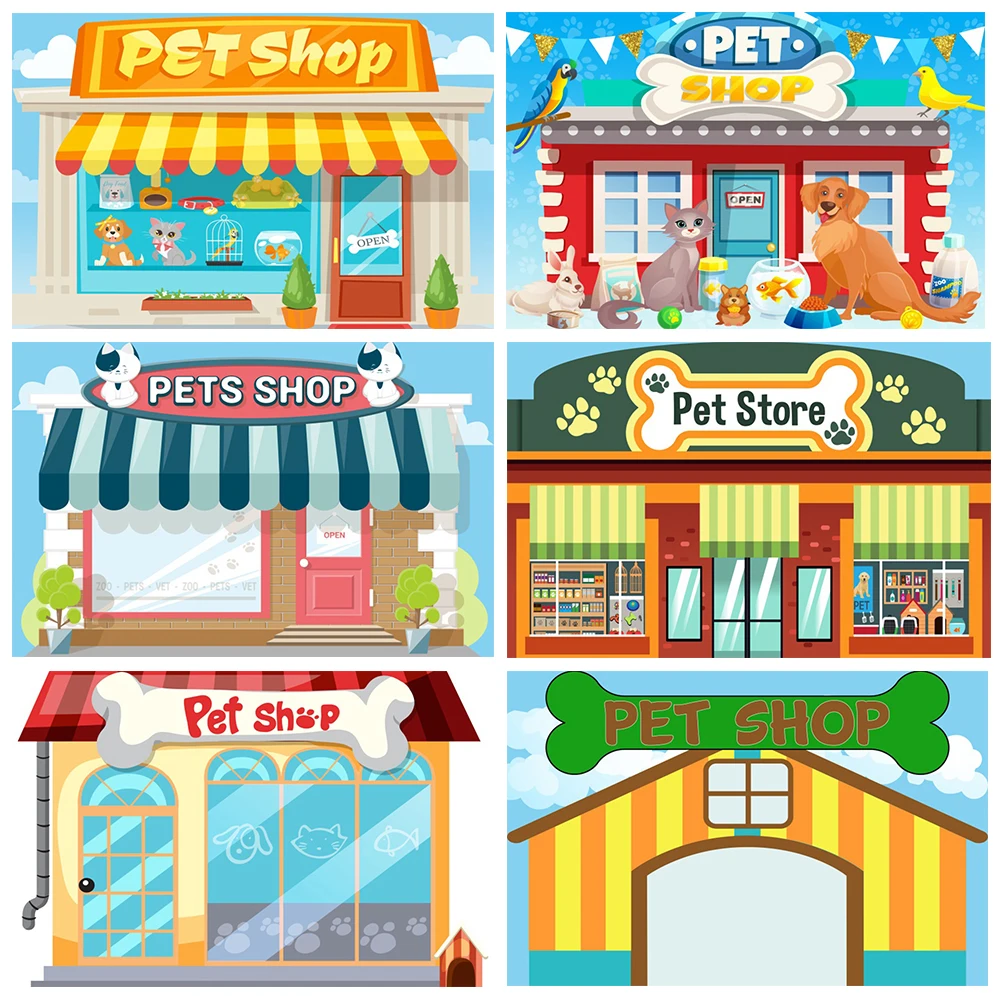 Pet Shop Theme Photography Background Cartoon Cat And Dog Shop Children Birthday Party Decoration Banner Poster Photo Custom