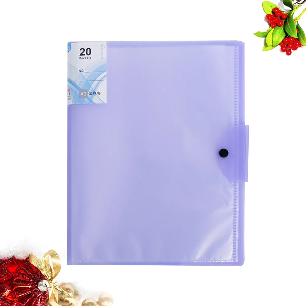 20 Pages A3 Transparent File Folder Non Slip Locking Bar Thick Waterproof Paper Organizer Examination Storage Binder Clip Purple