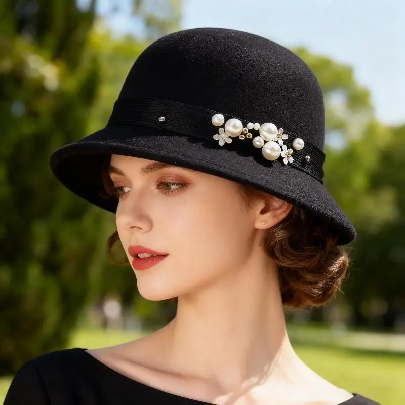 

Pearl Ribbon Wool Top Hat Elegant British Style Dome Top Ceremony Cap Fisherman's Hat Winter Autumn Ladies Felt Fedoras Caps