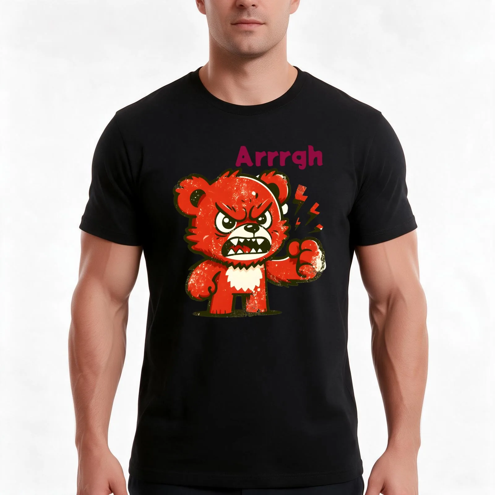 Angry grizzly T-Shirt, Summer Casual Cotton Tee, Oversized Streetwear Tops, Vintage Graphic Print, Loose Fit Short Sleeve
