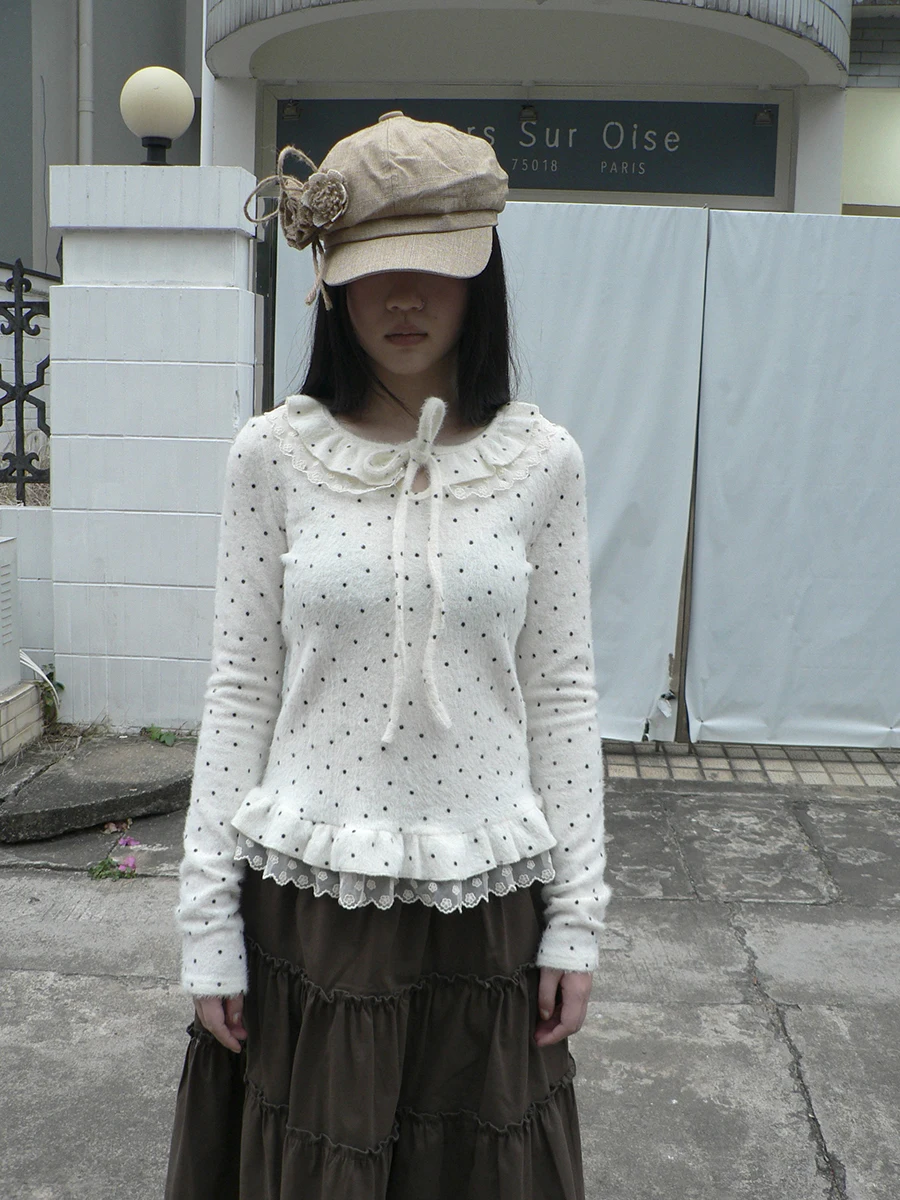 

Женский модный вязаный топ Angproject в корейском стиле с длинными рукавами, в горошек, с кружевной отделкой и бантом