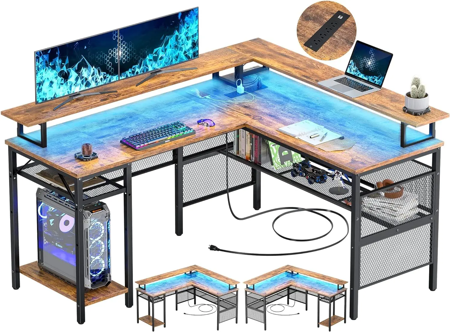 Unikito L Shaped Desk with LED Light and Power Outlet, Reversible Corner Computer Table with Monitor Stand
