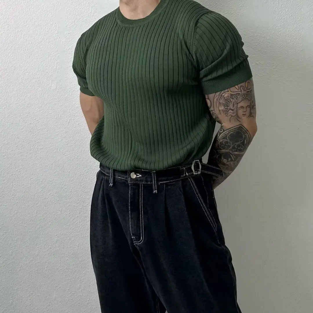 

Summer Large Size 250 Pou Hong Kong Sle Retro Sport ort Sve Knitted T-irt for Men Running Training Baskeall Top