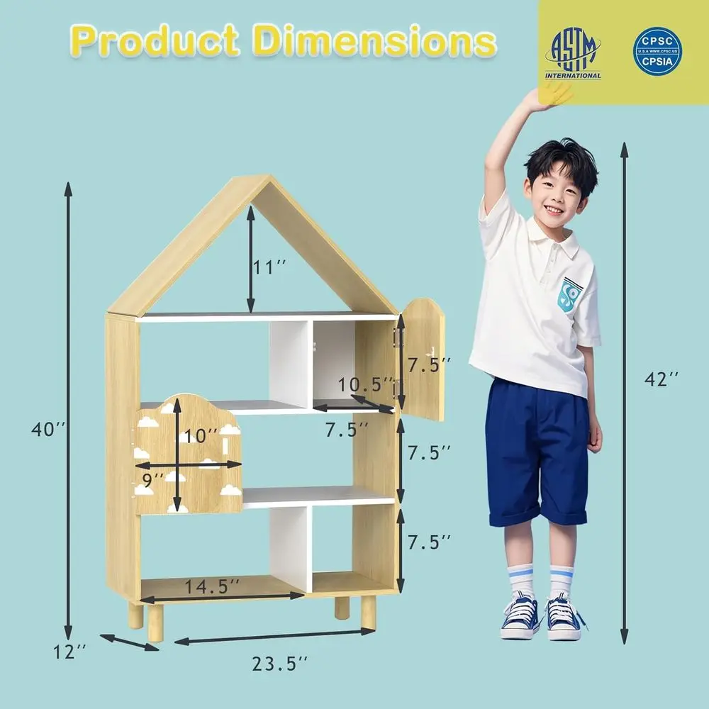 Kids Dollhouse Bookshel w/ 2 Do, Wooden Toy Storage Organizer w/Anti-toppling Devices & Solid Wood Legs, House-Shaped Toddler Bo