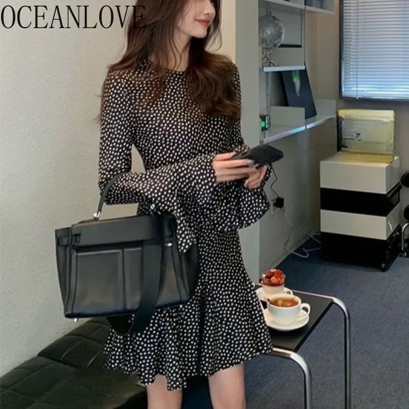 

OCEANLOVE Flare Sleeve Women Dresses Polka Dot Spring Autumn Sweet Mini Dress Korean Fashion Ruffles Vestidoa Para Mujer