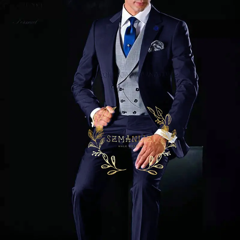 

Costume Homme Men Suits For Wedding Navy Blue Suits Groom Blazer Tuxedo Smoking Jacket 3 Piece Slim Fit Terno Masculino