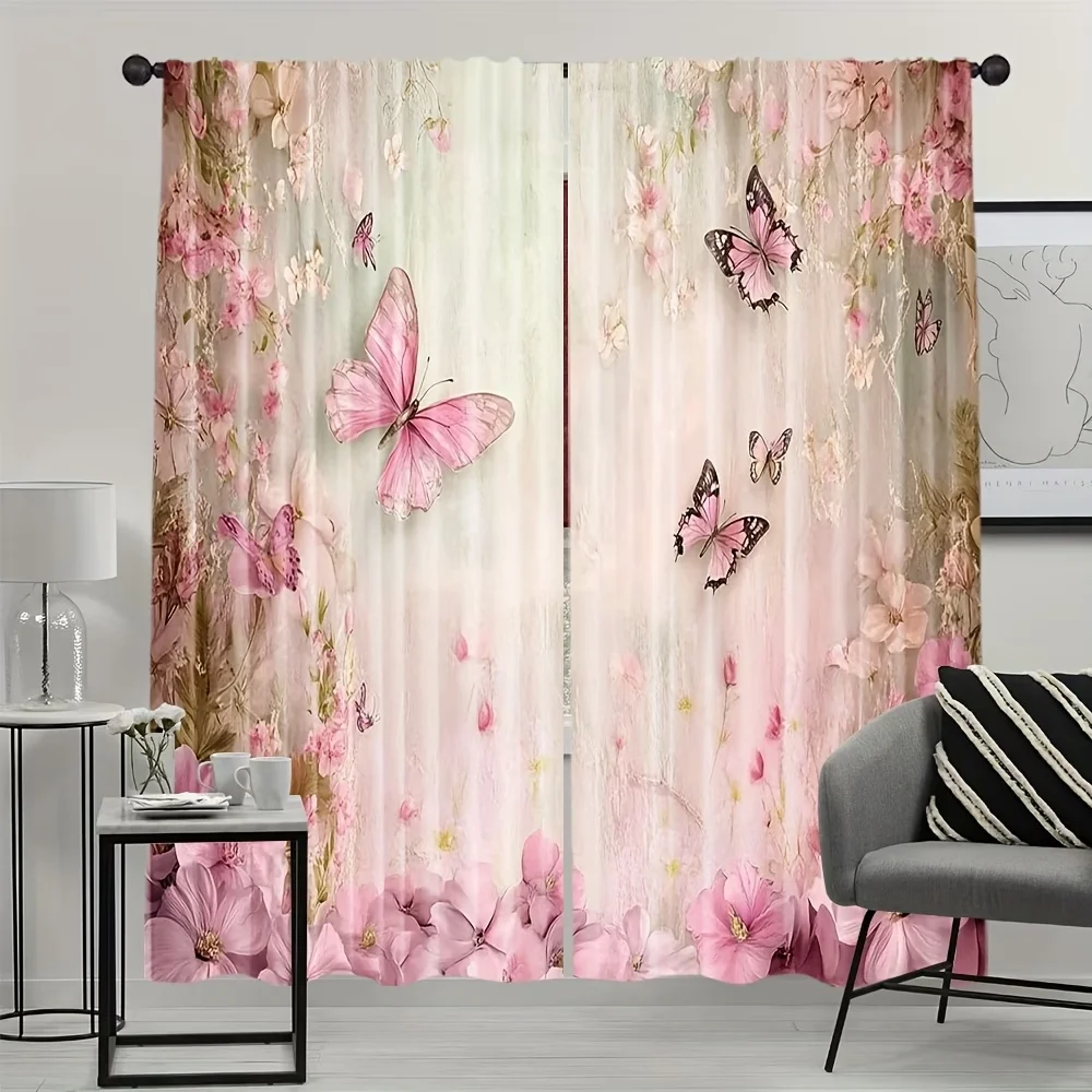 2PCS Digital Printed Curtains, Pink Green Butterfly Fresh Nature Insect, Window Curtains for Living Room Bedroom Home Decoration