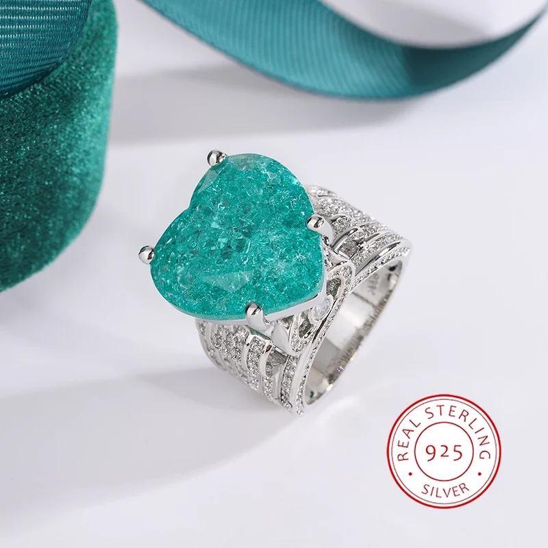 Anillo de pareja chapado en plata 925 con forma de corazón de Esmeralda Paraiba hueco creativo para mujer, joyería de regalo de aniversario de plata de circón