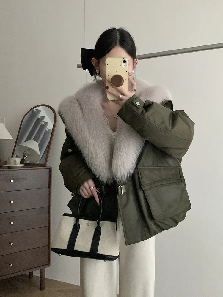 

MOTIMA Women's ort down Jaet 2024 Winter Faion Loose Goose down Navy Collar Fur Collar Leather Coat Young Sle