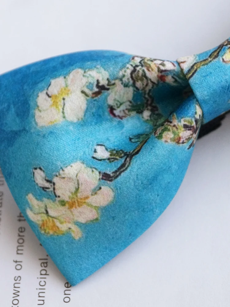 Dahui 'Blooming Apricot Tree' Van Gogh Blue Bow Tie Casual Creative  Unisex Artistic Youth Fashionable Polyester Necktie