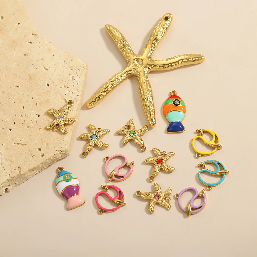 CARLIDANA New Design Non Tarnish Beach Charm Stainless Steel Dolphin Gold Color Starfish Fish Oil Drop Charms for Jewelry Making