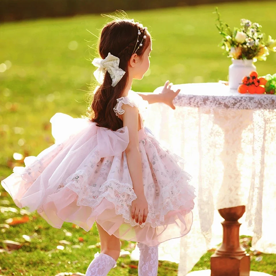 Bonito rosa flor menina vestido de manga curta tule renda com arco para festa de aniversário de casamento pageant crianças princesa vestido de baile