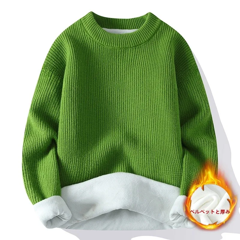 肥厚フリーススプライシングニットセーターメンズ冬暖かいファッショナブルなベースシャツ若者カジュアルスリムフィット幾何学模様ラウンドネック