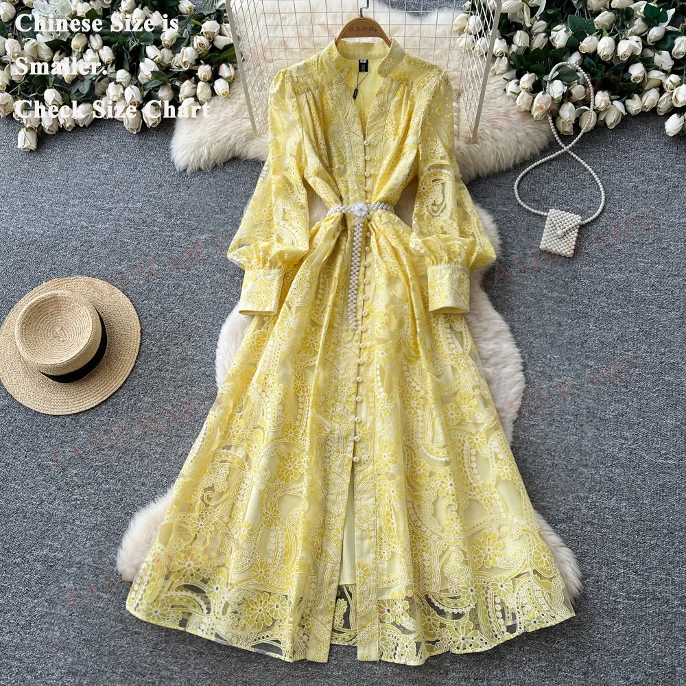 

Роскошное летнее-осеннее платье с вышивкой и кружевом, женское, с жемчужными пуговицами, свободного кроя А-силуэта, для свадьбы и вечеринок