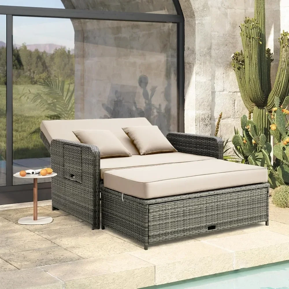 

High Quality, Wicker Loveseat Sofa w/Multipurpose Side Tray, 4-Level Adjustable Backre