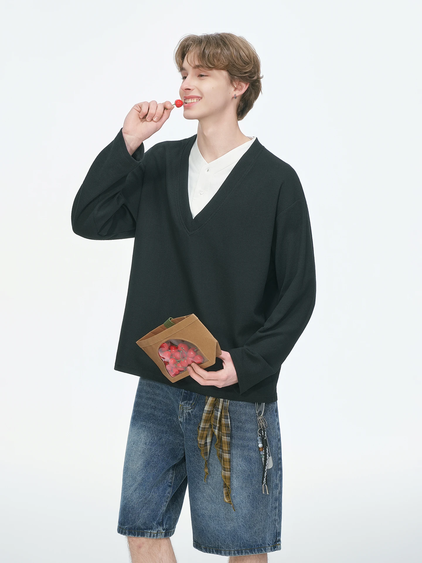 Dream Made Men's Long Sleeve T-Shirt Inner Wear Base Shirt Waffle Pattern Fake Two-Piece Style Spring Autumn Loose Fit Basic ...