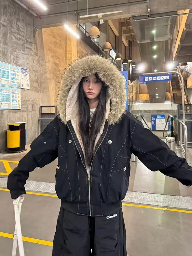 Winter Thick Warm Parkas Female Y2K Korean Loose Fur Collar Hooded Coats Bf Fashion Preppy All Match Jacket Zipper Outwear New
