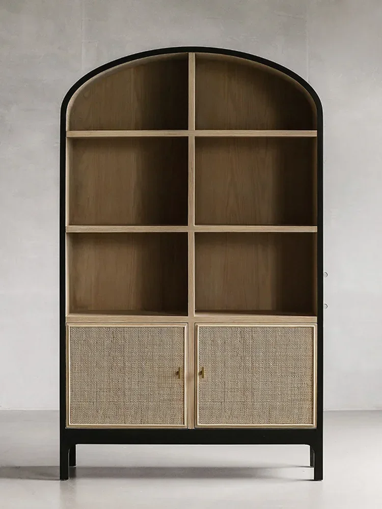 

American solid wood bookcase light luxury rattan floor-to-ceiling small bookshelf wine cabinet Nordic dining side cabinet French