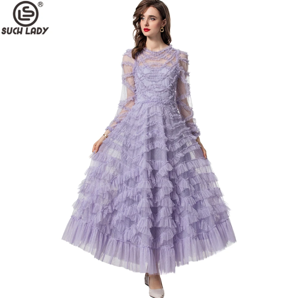 

Women's Dresses O Neck Long Sleeves Tiered Ruffles Layered Mesh Elegant Maxi Designer Party Prom Runway Vestidos