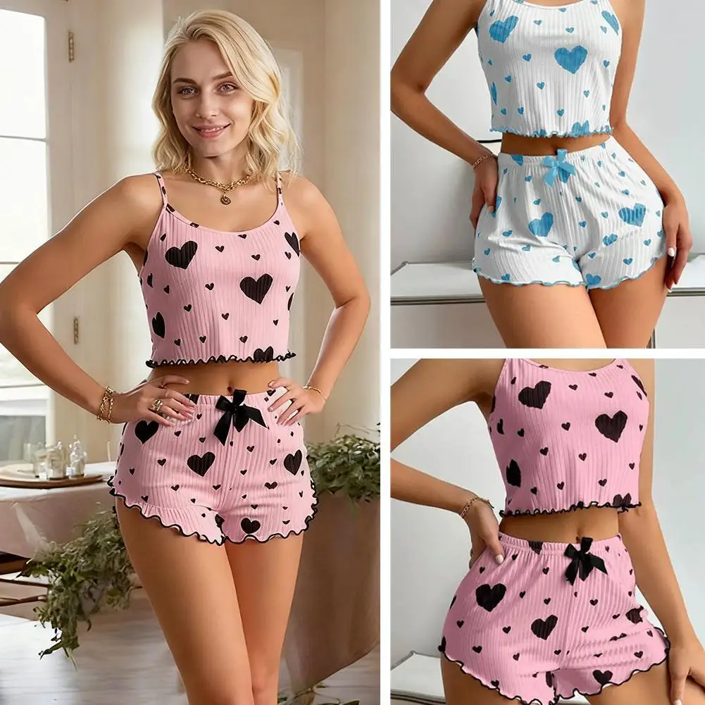 

Летний женский пижамный комплект, жилет на бретельках с шортами, 2026, новая одежда для сна с принтом в виде сердца и спагетти на бретельках