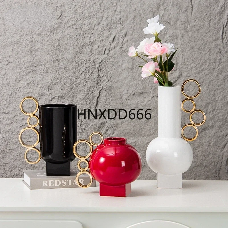 Ceramic Vase Colored Geometric Circle Handle Hollow Circle Flower Vase Floral Arrangement Accessories Home Decoration