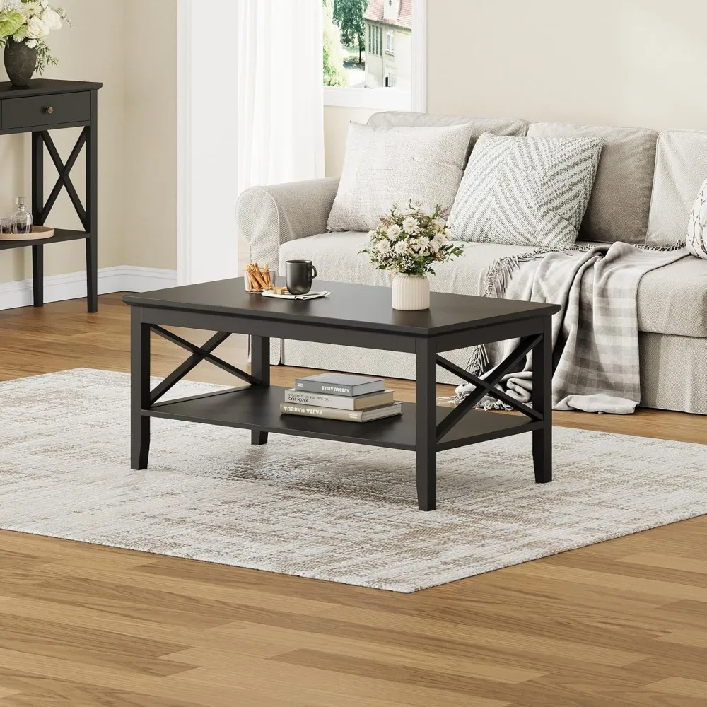 

Oxford Coffee Table with Thicker Legs, Black Wood Coffee Table with Storage for Living Room