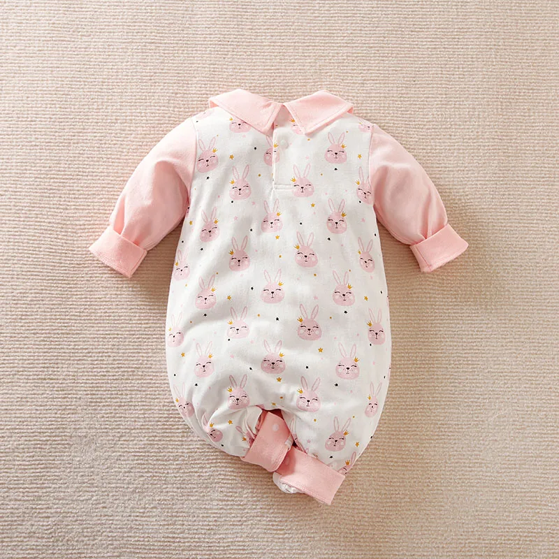 Spring and Autumn Newborn Bodysuit Cute Rabbit Full Print Girl Infant Bodysuit Long sleeved Pure Cotton Comfortable