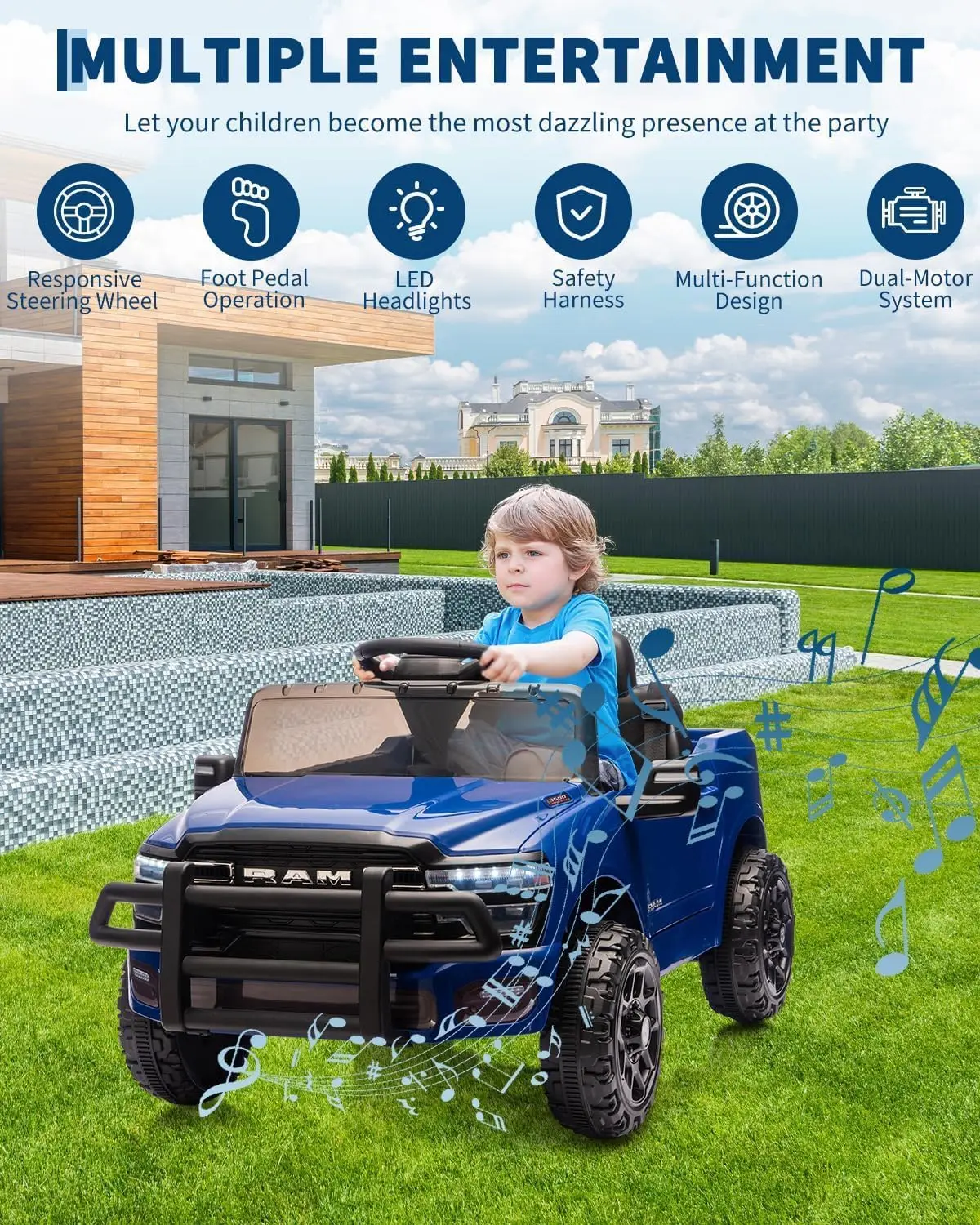 รถบรรทุกไฟฟ้า 12V สำหรับเด็ก พร้อมรีโมทคอนโทรล รถกระบะของเล่นไฟฟ้าสำหรับเด็กเล็ก ระบบกันสะเทือนแบบสปริง ไฟ LED และเสียงเพลง