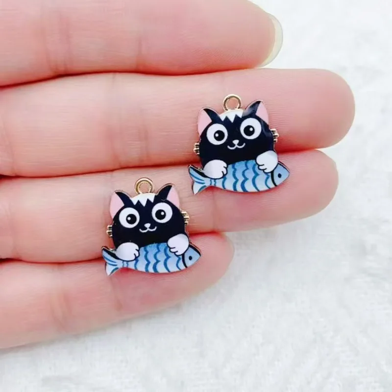 10pcs cross-border cartoon cute alloy cat eating fish animal pendant DIY accessories accessories mobile phone brooch pendant view 2