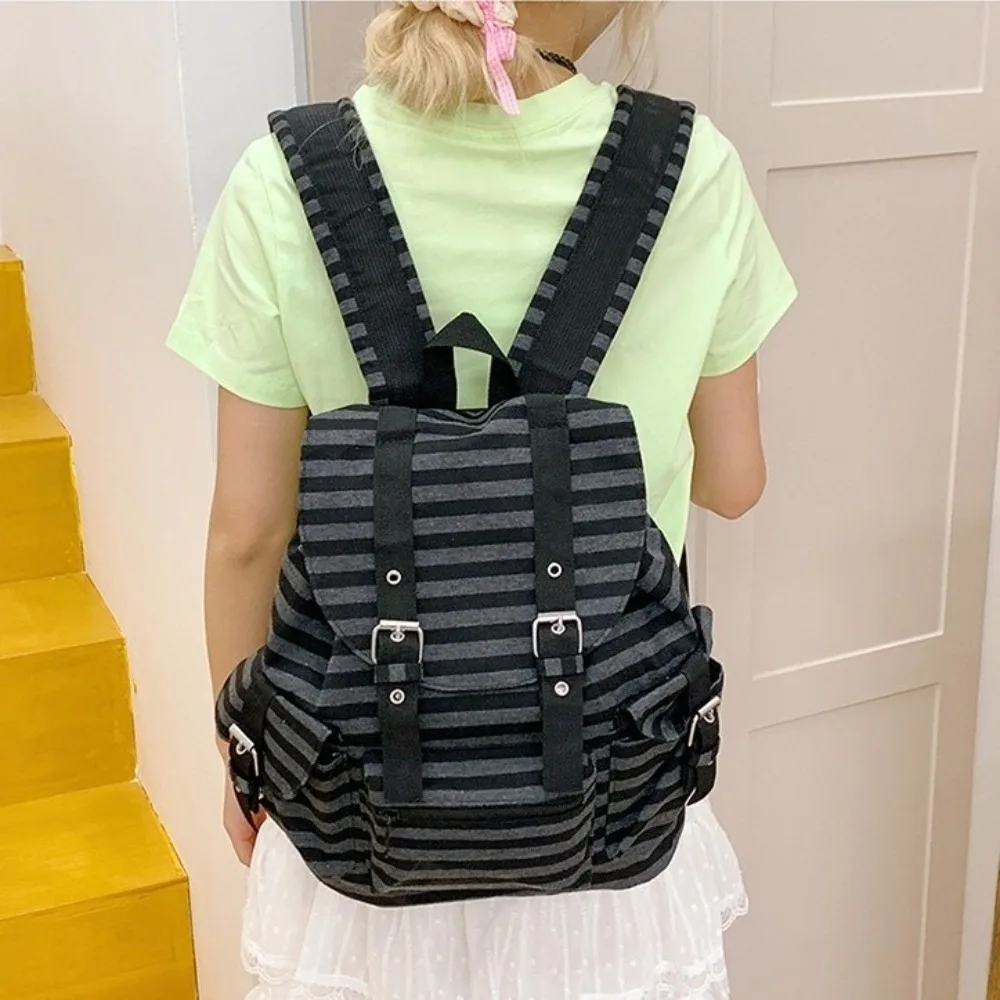 Cute Large Capacity Striped Backpack Y2K Korean Style Students Schoolbag Multi-pocket Cloth Hiking Camping Bag Girl