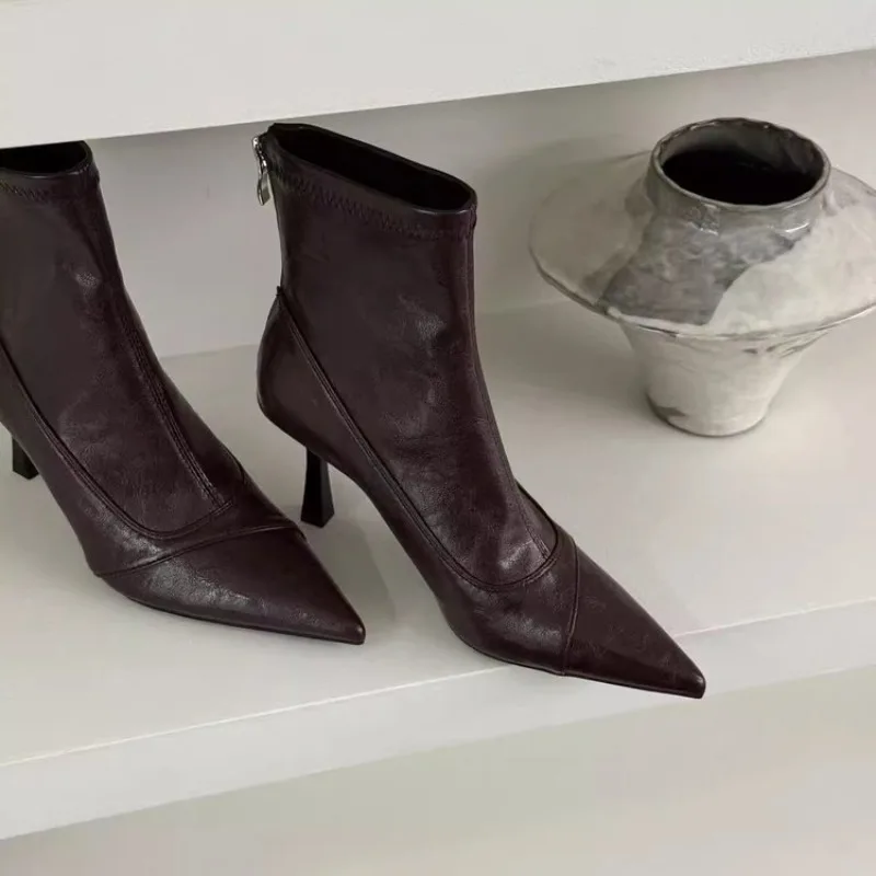 أحذية للنساء عالية الكعب أحذية جلدية قصيرة جديدة الإناث وأشار كعب رقيقة أحذية السيدات حذاء من الجلد بوتاس دي موهير 2026 #4