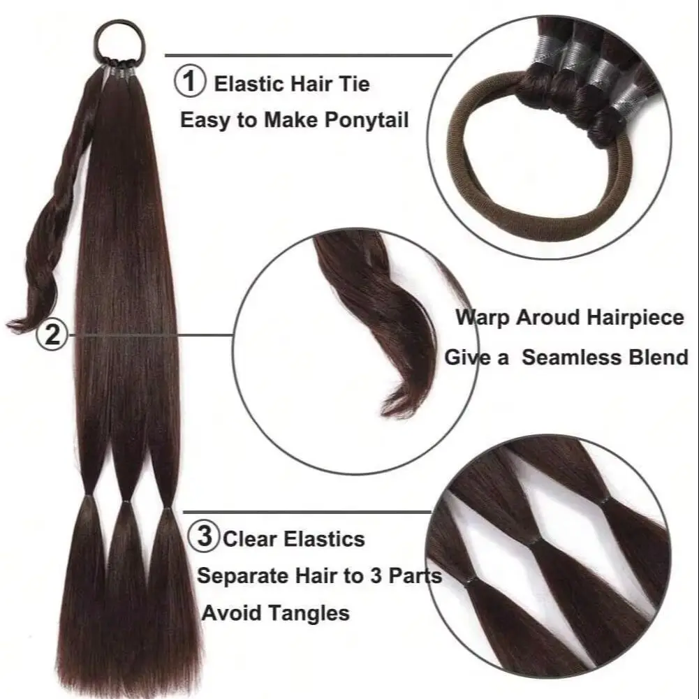 ロングDIYボクシングブレイド合成ポニーテールヘアエクステンション、ヘアタイ付きストレート巻き付けヘアエクステンション、しっかり固定する伸縮性のある32インチ