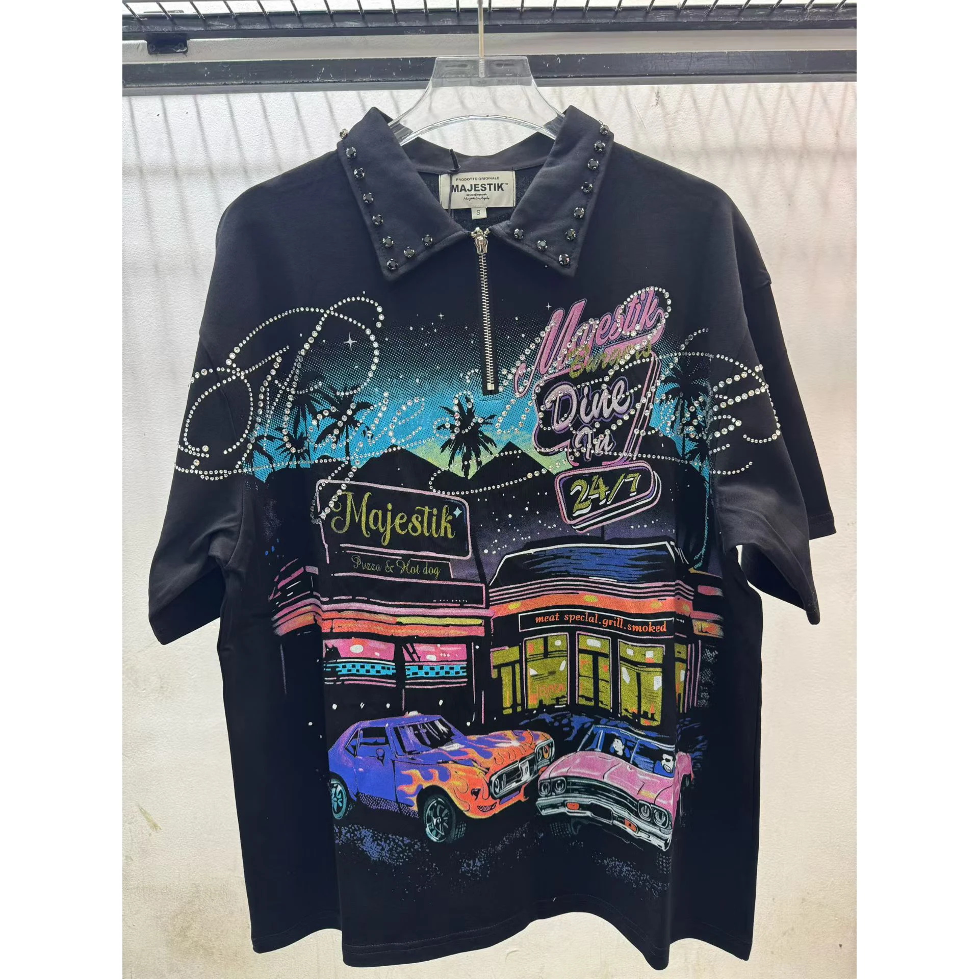 Rhinestone Graphic Polo Shirt Men Half Zipper Stud Collar Oversized Hip Hop Street Tshirt Cotton Tops Tees Summer Vintage Cotton