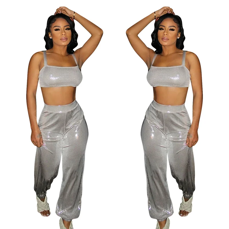 Sexy Glitter 2 Piece Birthday Outfits for Women Co Ord Sets Club Wear Crop Top and Pants Sets Party Midnight Matching Sets 2022