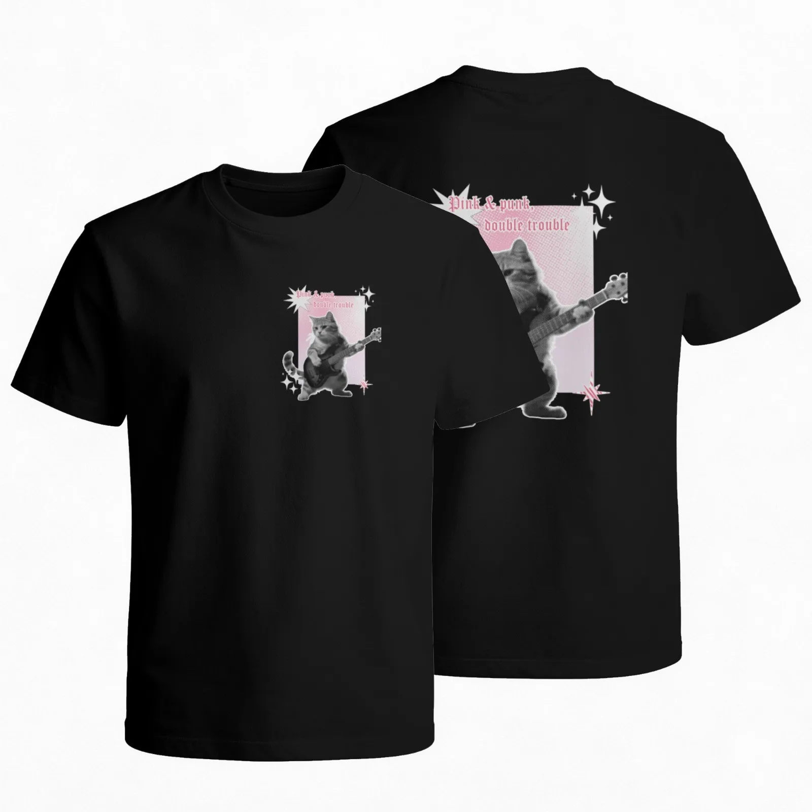 Rocking Guitar Cat Graphic Tee Funny Animal Print Cotton Round Neck Short Sleeve T-Shirt Daily Wear