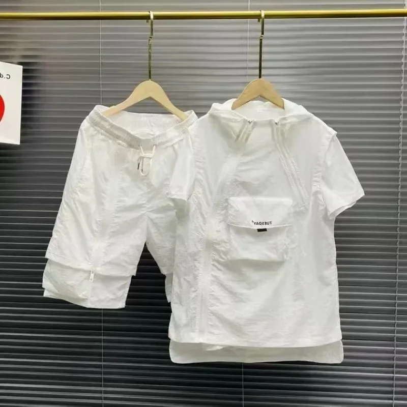 Summer Men's Two Piece Set Casual T-Shirt and Shorts Set Printed Zipper Hooded Loose Japanese Handsome Thin Light Sports Suit