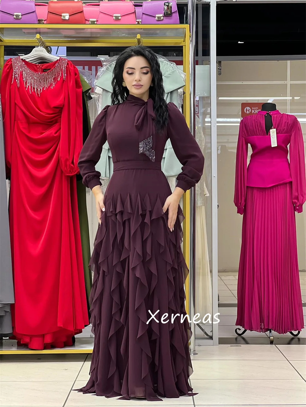 Customized Formal Chiffon Sequined Bow Pleat A-line High Collar Long Dresses Bespoke Occasion Party Sparkle Unisex image 5