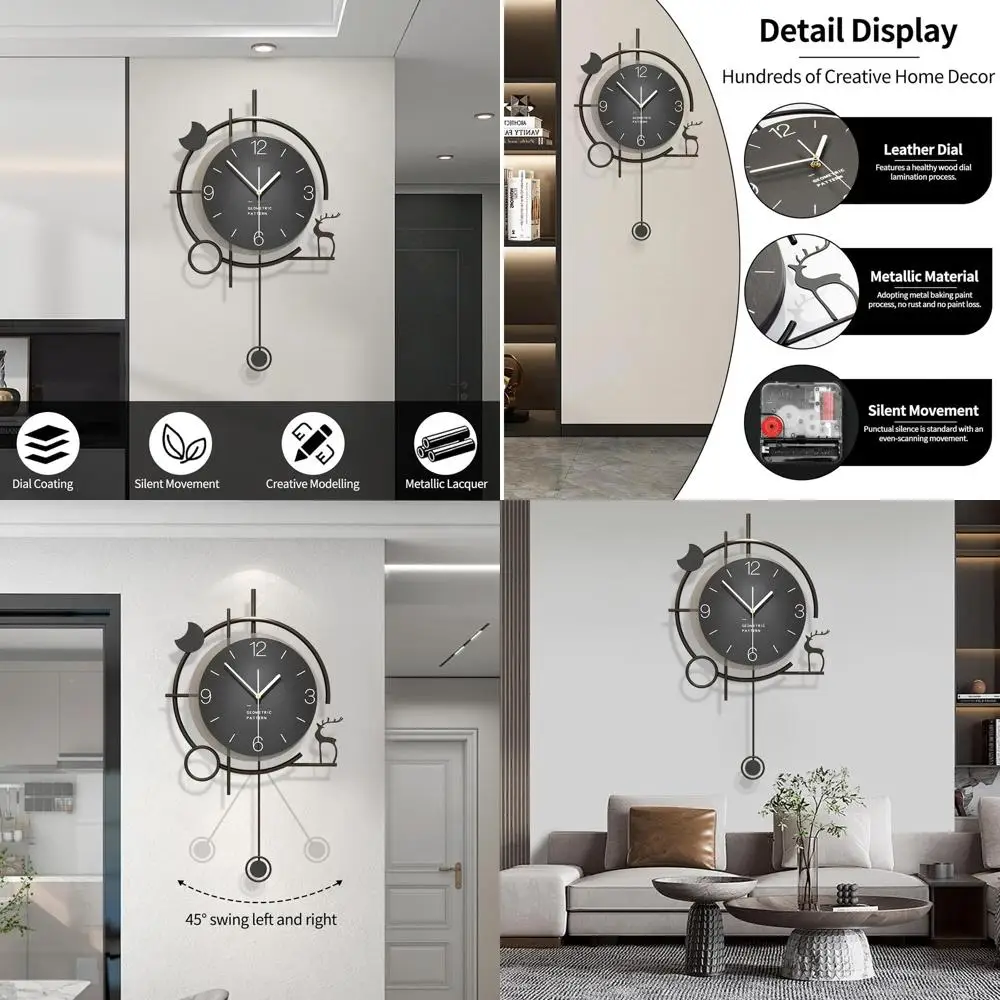 

Большие черные бесшумные настенные часы-качалка, декоративные часы на батарейках для гостиной, кухни, спальни - 20,8x13 дюймов