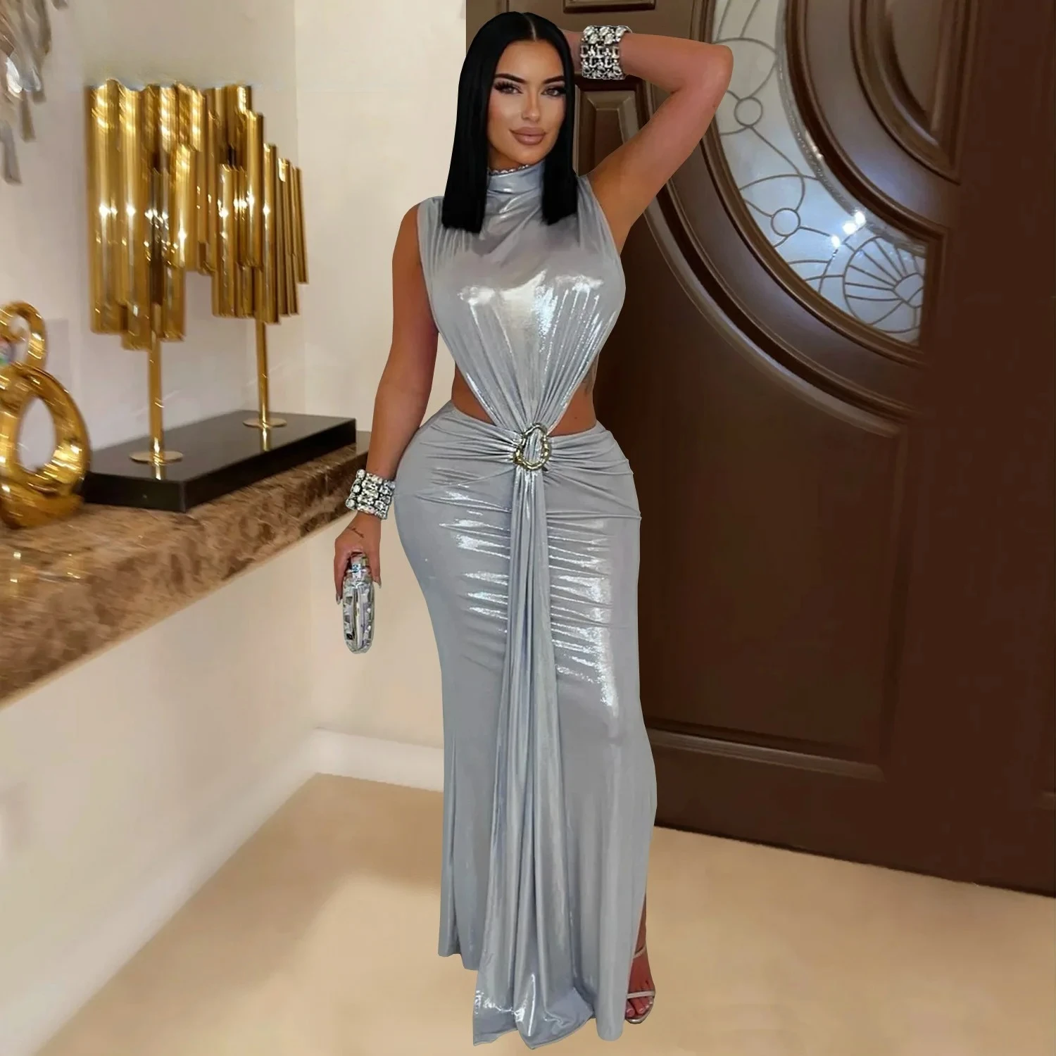 المرأة التذهيب بلا أكمام انقطاع Bodycon ميدي ماكسي فستان طويل 2025 الصيف عطلة الشاطئ حفلة عيد ميلاد فساتين مثيرة