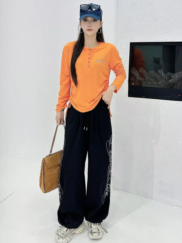 early-autumn-silver-print-long-sleeve-ice-silk-cotton-t-shirt-paratrooper-pants-dance-performance-set-women's-two-piece-outfit