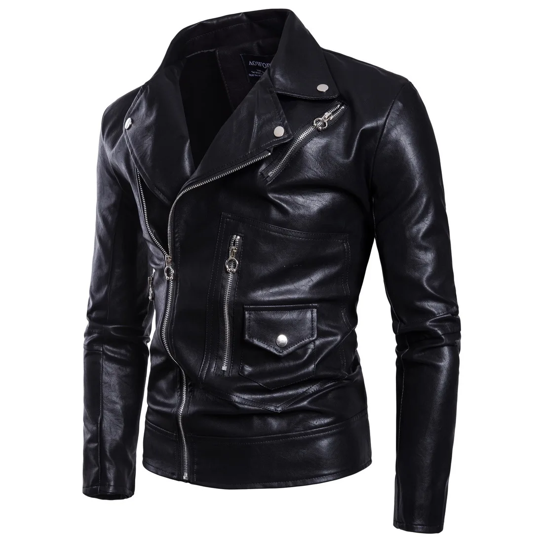 Men\'s Motorcycle Multi Zipper Jacket, Leather Clothing, Slim Fit, Punk, Brand, Autumn, Winter