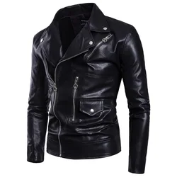 Men's Motorcycle Multi Zipper Jacket, Leather Clothing, Slim Fit, Punk, Brand, Autumn, Winter