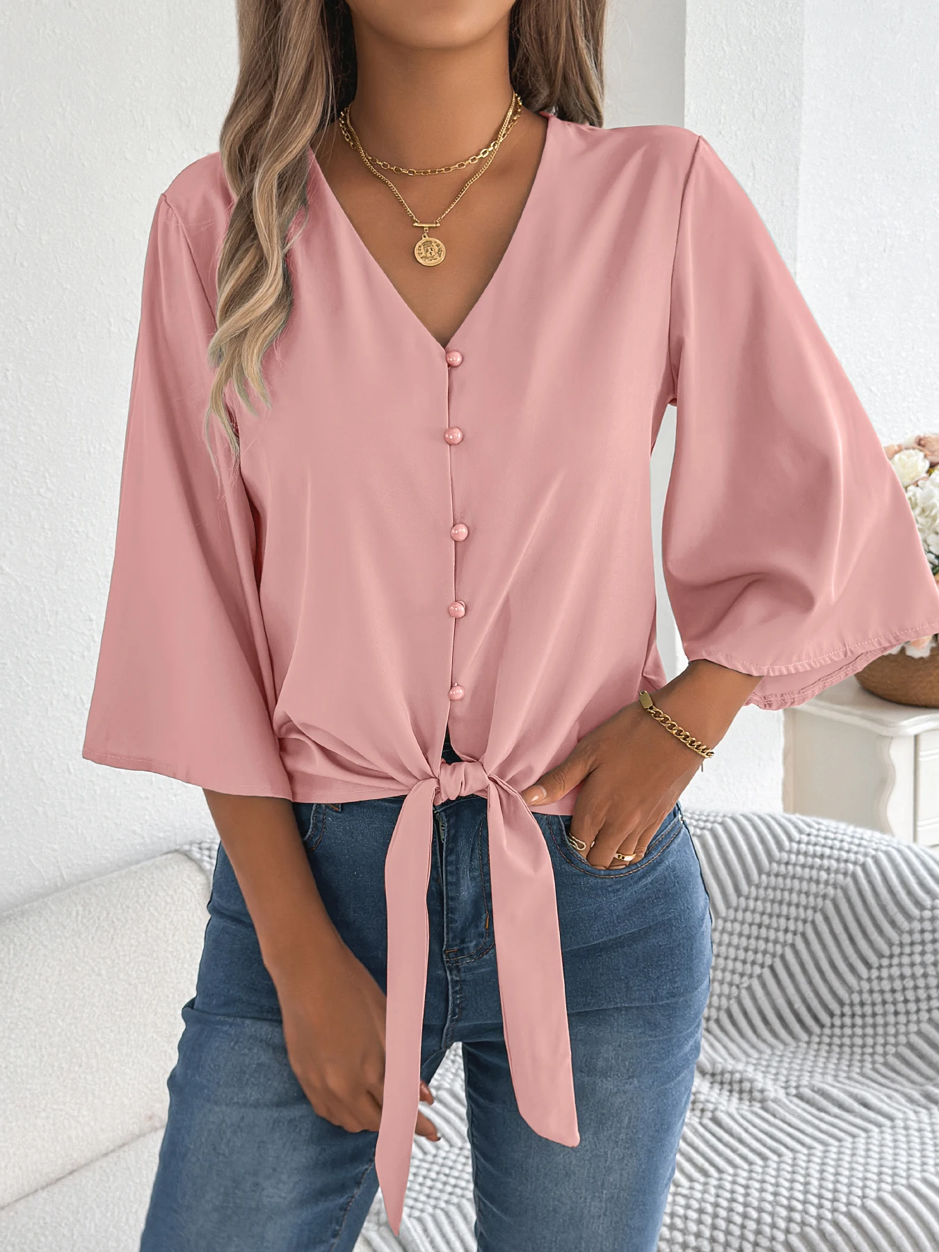 

Women Autumn Casual Solid Color Loose Shirt V Neck Button Flared Long Sleeve Lace Up Shirt Pink Blue Khaki 2026 Valentine' Day