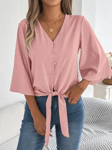 Casual Solid Color Loose Shirt V Neck Button Flared Long Sleeve Lace Up Shirt for Women Autumn Casual Pink Blue Khaki