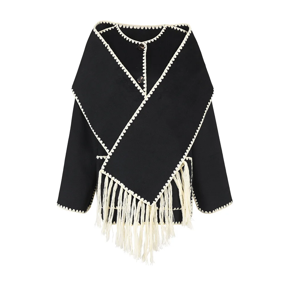 

New women's wool coat knitted fringed cloak type miscellaneous single breasted coat + fringed scarf of the same color